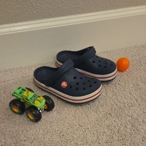 Little Kids Navy Blue CROCS with Red and White Trim